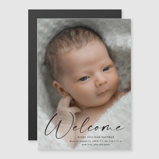 スクリプトようこそベビー写真の誕生のお知らせ マグネット招待状 (正面/裏面)