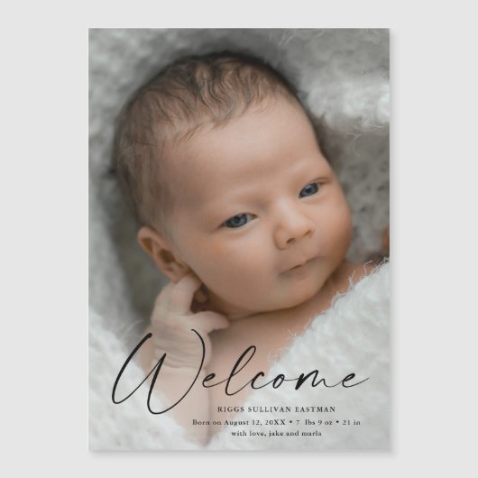 スクリプトようこそベビー写真の誕生のお知らせ マグネット招待状 (正面)