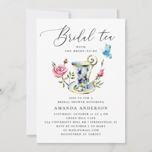 スクリプトを使用したデリケートなフローラエレガントブライダルシャワー 招待状 (正面)