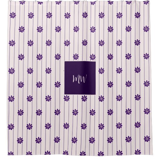 スクリプトイニシャル赤面と紫ストライプの花、花 シャワーカーテン (正面)