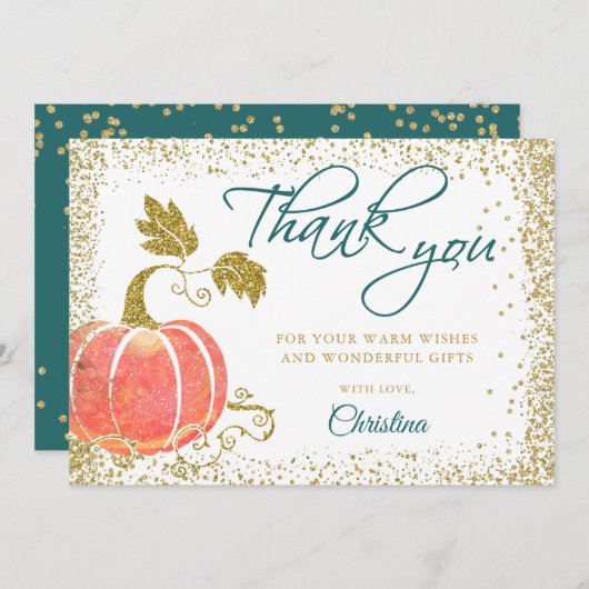 スクリプトウォーターカラーパンプキングリッター秋ありがとう サンキューカード (正面/裏面)