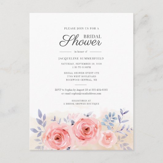 スクリプトウォーターカラーピンクローズフローラブライダルシャワー インビテーションポストカード (正面)