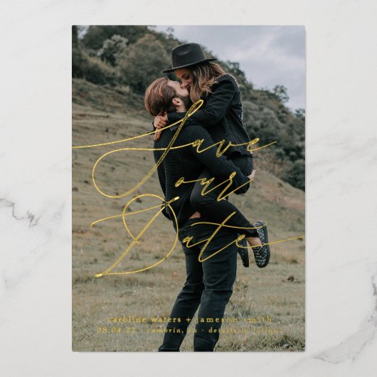 スクリプトエレガントで日付を保存 箔招待状 (正面)