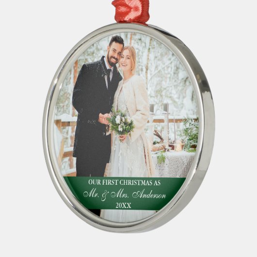 スクリプトエレガントの初めてのクリスマス緑 メタルオーナメント (左)