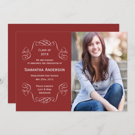 スクリプトエレガントの卒業のお知らせ – 赤 案内状 (正面/裏面)