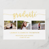 スクリプトエレガントの卒業式3写真金ゴールド 箔招待状 (正面)