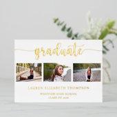 スクリプトエレガントの卒業式3写真金ゴールド 箔招待状 (立ち正面)