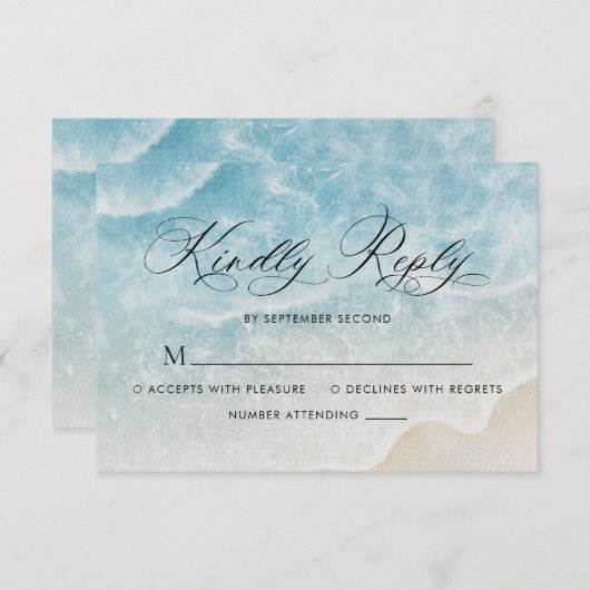 スクリプトエレガントの水色海ビーチ結婚式 出欠カード (正面/裏面)