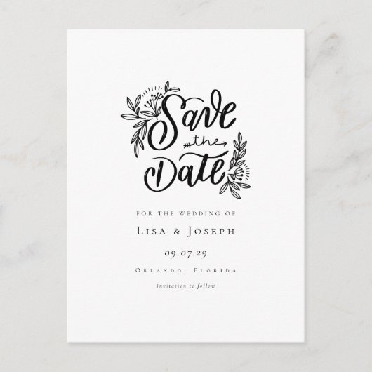 スクリプトエレガントの白黒の日付を保存 案内ポストカード (正面)