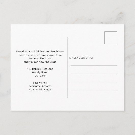 スクリプトエレガントの空のネスト新しいアドレス 案内ポストカード (裏面)