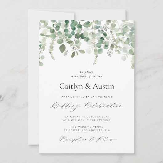 スクリプトエレガントの緑のフローラ結婚式招待状 招待状 (正面)