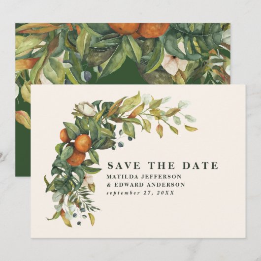 スクリプトエレガントウェディング シトラス ボタニカル モダン セーブザデート (正面/裏面)
