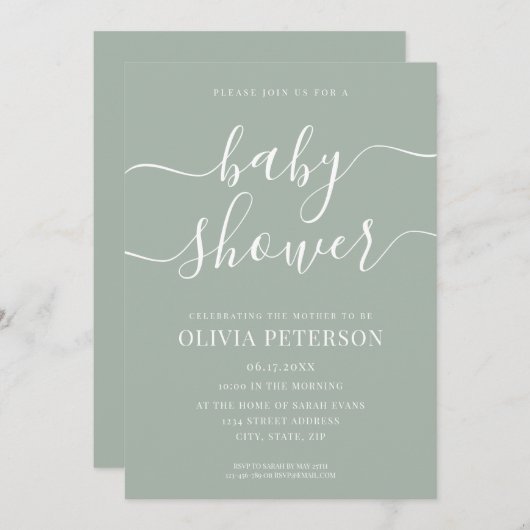 スクリプトエレガントセージ緑の赤ちゃんシャワー 招待状 (正面/裏面)