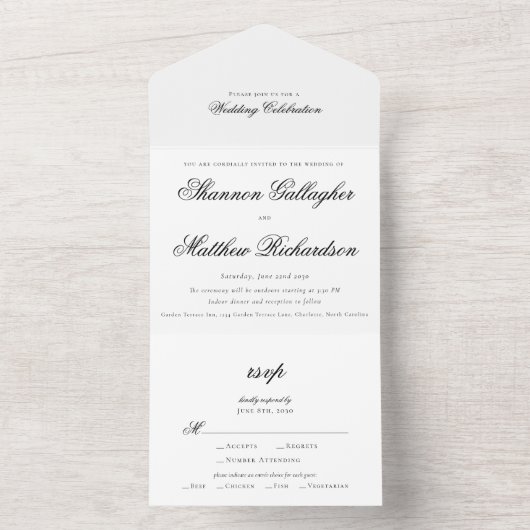 スクリプトエレガントタイポグラフィ白黒結婚の オールインワン招待状 (内側)