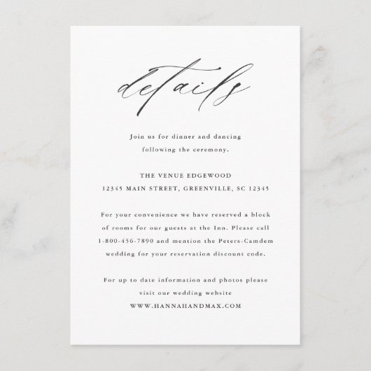 スクリプトエレガントタイポグラフィ結婚の詳細 エンクロージャーカード (正面)