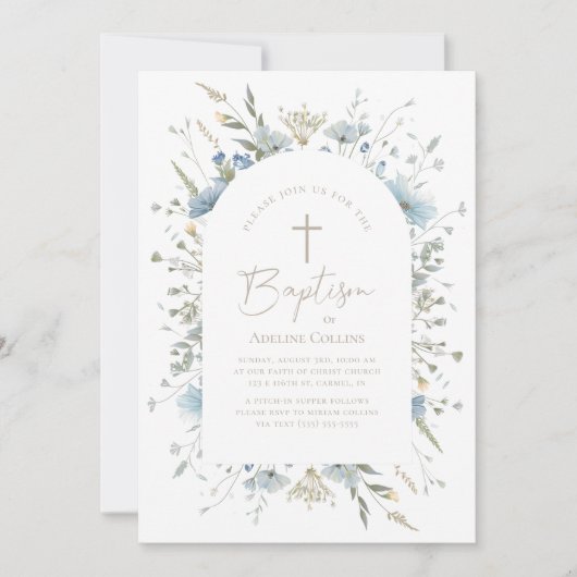 スクリプトエレガントバプテスマのある埃っぽい青いフローラ 招待状 (正面)