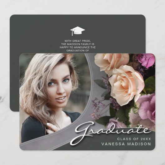 スクリプトエレガントバラ花 |写真モダングラッドAn 案内状 (正面/裏面)