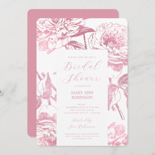 スクリプトエレガントバラ金ゴールドフローラブライダルシャワー 招待状 (正面/裏面)