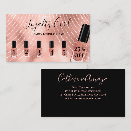スクリプトエレガントバラ金ゴールド爪、 ネイル顧客ロイヤリティ 名刺 (正面/裏面)