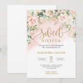 スクリプトエレガントパステルピンピンクのバラsweet sixteen 招待状 (正面/裏面)