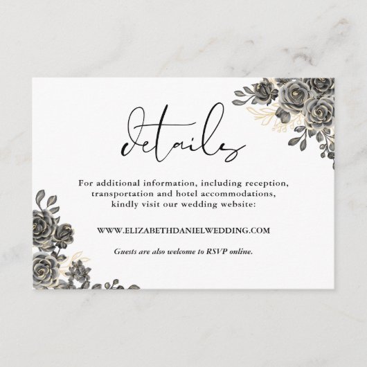 スクリプトエレガントフローラバラゴシック結婚詳細 エンクロージャーカード (正面)