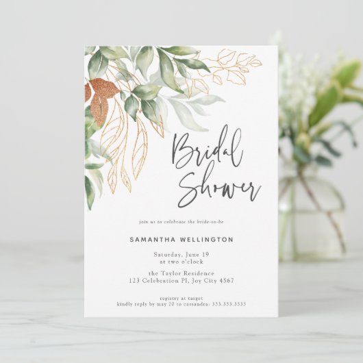スクリプトエレガントボタニカルウォーター色ブライダルシャワー 招待状 (スタンド正面)