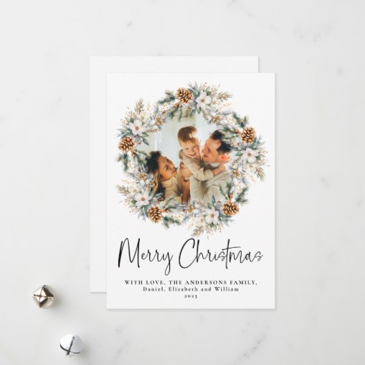 スクリプトエレガントボタニカルリース | フォトクリスマス シーズンカード (正面/裏面インサイチュ)