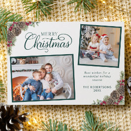 スクリプトエレガントボタニカル2フォトクリスマスグリーン シーズンカード