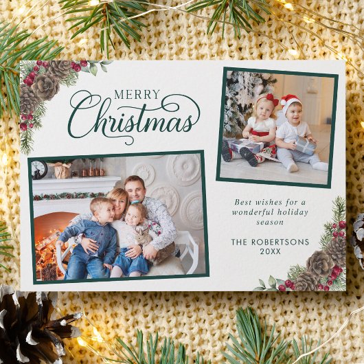 スクリプトエレガントボタニカル2フォトクリスマスグリーン シーズンカード