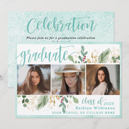 スクリプトエレガントユーカリ緑3 Photo Grad 招待状 (正面/裏面)