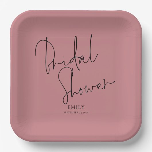 スクリプトエレガント名ほこりっぽいバラピンクブライダルシャワー ペーパープレート (正面)