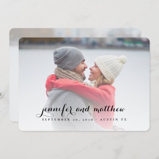 スクリプトエレガント名フォトカードの日付を保存 セーブザデート (正面/裏面)