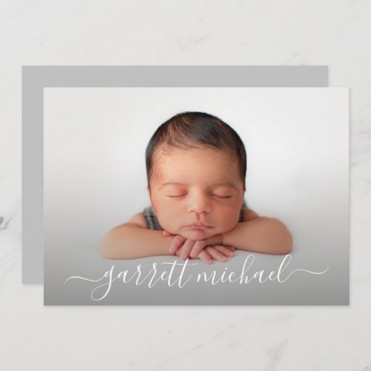 スクリプトエレガント名フォトベビーの誕生のお知らせ (正面/裏面)