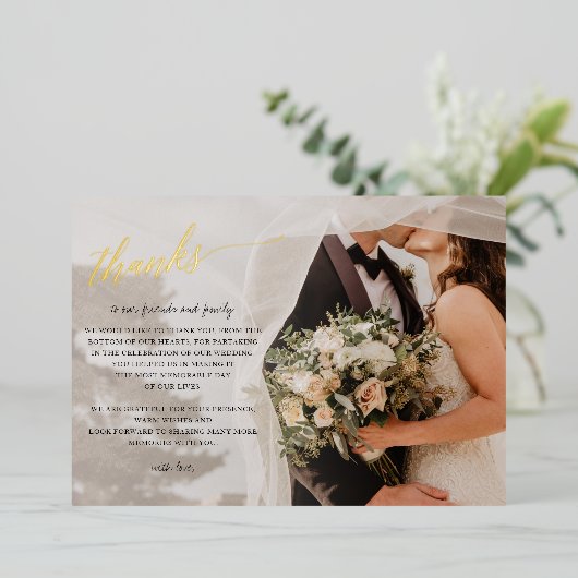 スクリプトエレガント手書き写真ありがとう 箔招待状 (立ち正面)