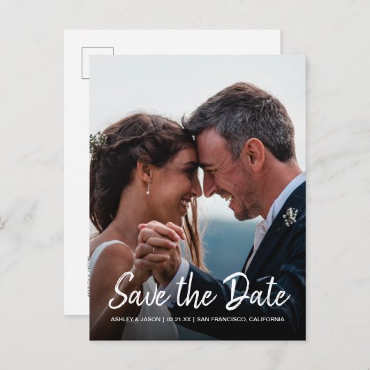 スクリプトエレガント日付の保存婚約写真 案内ポストカード (正面/裏面)