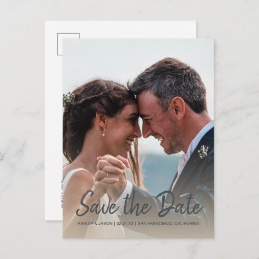 スクリプトエレガント日付の保存婚約写真 案内ポストカード (正面/裏面)