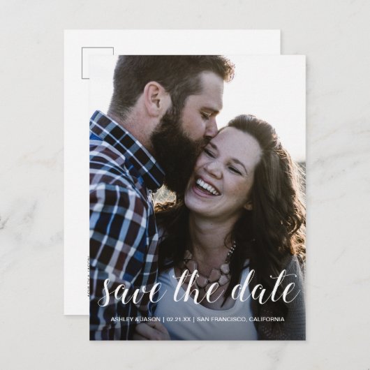 スクリプトエレガント日付の保存婚約写真 案内ポストカード (正面/裏面)