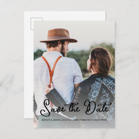 スクリプトエレガント日付の保存婚約写真 案内ポストカード (正面/裏面)