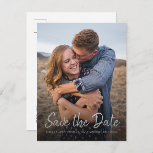 スクリプトエレガント日付の保存婚約写真 案内ポストカード (正面/裏面)