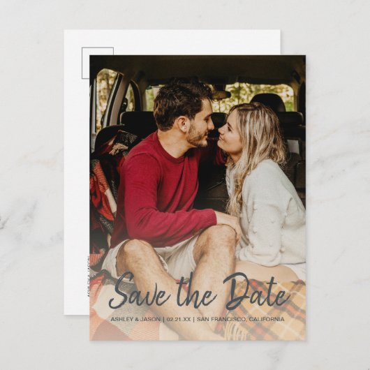 スクリプトエレガント日付の保存婚約写真 案内ポストカード (正面/裏面)