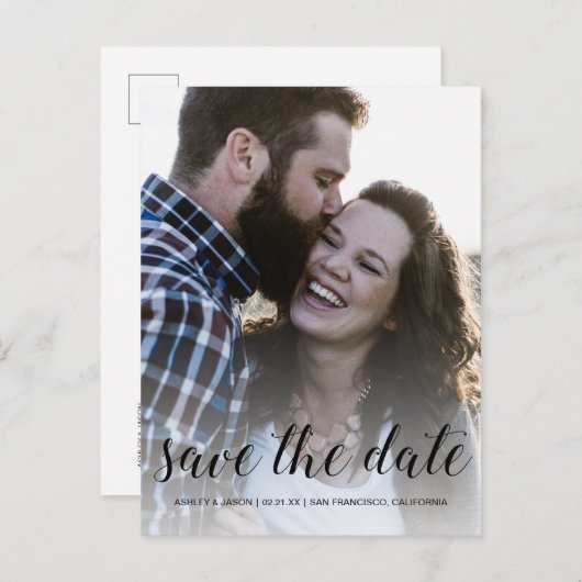 スクリプトエレガント日付の保存婚約写真 案内ポストカード (正面/裏面)