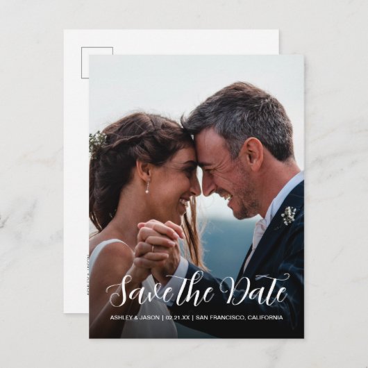 スクリプトエレガント日付の保存婚約写真 案内ポストカード (正面/裏面)