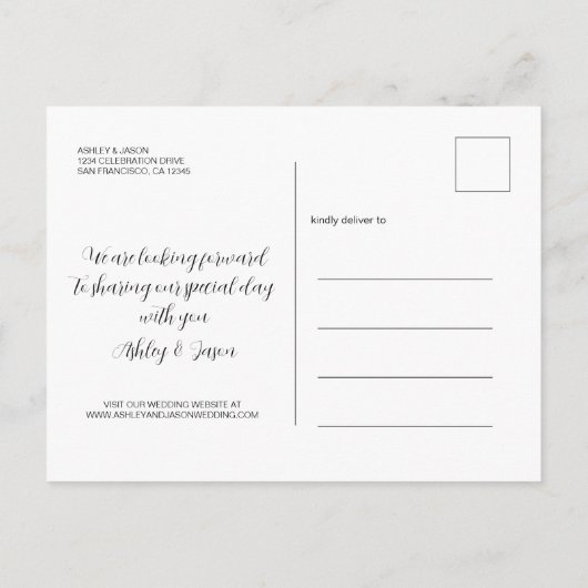 スクリプトエレガント日付の保存婚約写真 案内ポストカード (裏面)