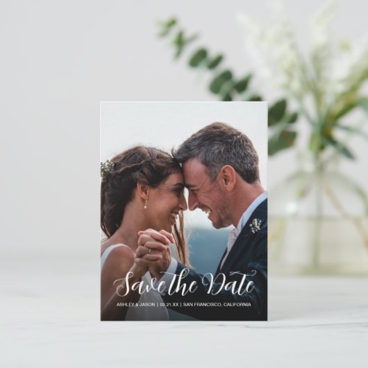 スクリプトエレガント日付の保存婚約写真 案内ポストカード (スタンド正面)