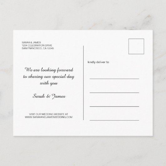 スクリプトエレガント日付の保存婚約写真 案内ポストカード (裏面)