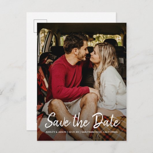 スクリプトエレガント日付の保存婚約写真 案内ポストカード (正面/裏面)