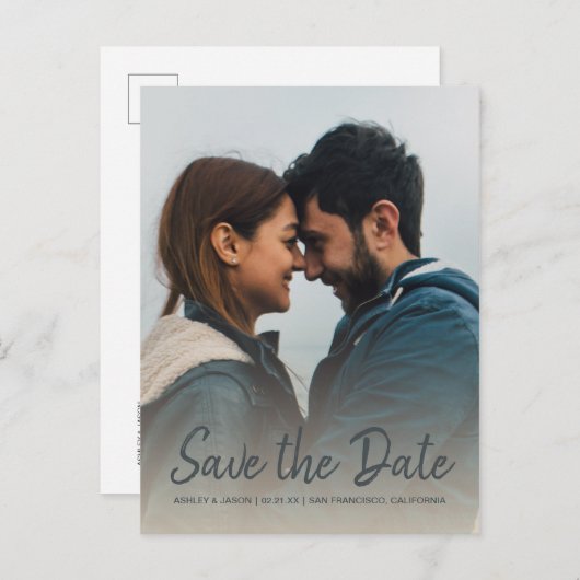 スクリプトエレガント日付の保存婚約写真 案内ポストカード (正面/裏面)