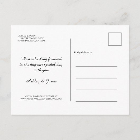 スクリプトエレガント日付の保存婚約写真 案内ポストカード (裏面)