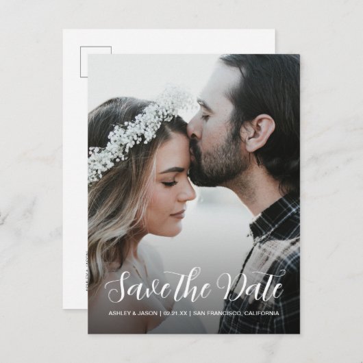 スクリプトエレガント日付の保存婚約写真 案内ポストカード (正面/裏面)