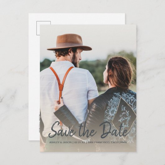 スクリプトエレガント日付の保存婚約写真 案内ポストカード (正面/裏面)